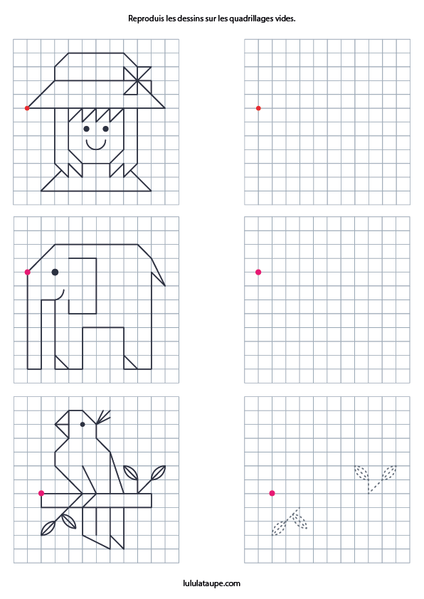 Reproduire un dessin sur un quadrillage en maternelle ou CP, fille, éléphant et perroquet