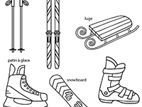 Imagier lié au vocabulaire des activités en hiver : ski, hockey sur glace, luge, snowboard