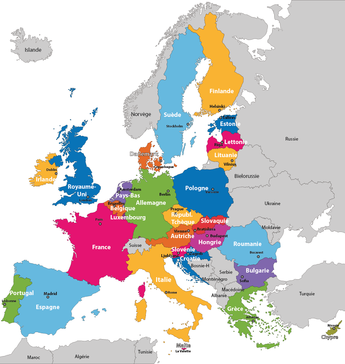 Carte de l'Europe à imprimer, les pays, les capitales