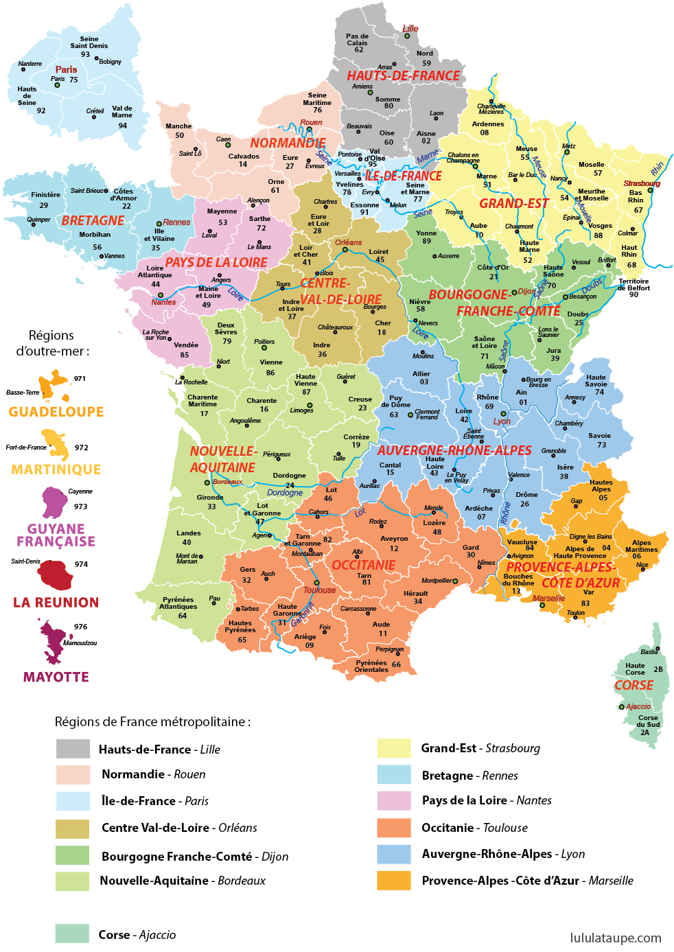 Carte des 13 régions de France à imprimer, départements, préfectures et fleuves