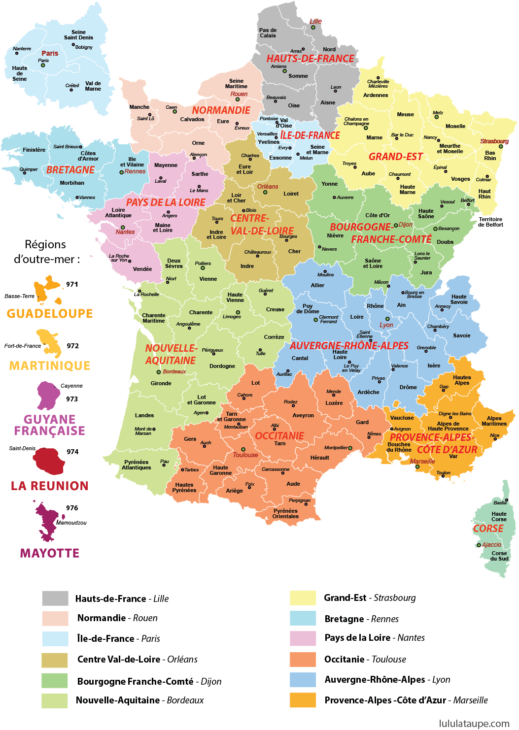 Carte des 13 régions de France à imprimer, départements, préfectures