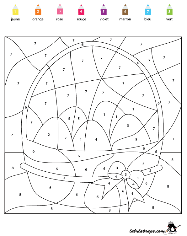 Coloriage magique gratuit, un panier d'œufs de Pâques