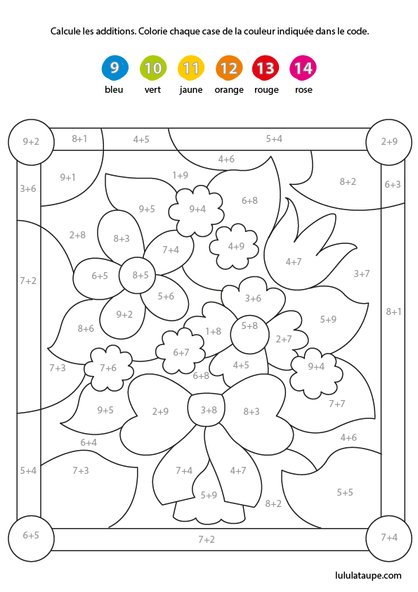 Coloriage magique gratuit, additions, résultat de 9 à 14