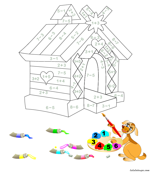 Coloriage codés pour apprendre à réaliser des petites additions et soustractions, résultats de 1 à 6