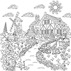 Dessin à colorier, une maison de campagne, moulin à vent, un puits