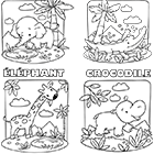 Coloriage les animaux d'Afrique : éléphant, crocodile, girafe, hippopotame