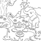 Coloriage animaux au bord de l'eau, éléphant, flamant rose