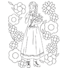 Coloriage à imprimer, une fille avec nattes entourée de fleurs