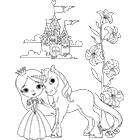 Coloriage à imprimer, une princesse, château, licorne.
