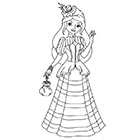 Coloriage à imprimer, une princesse en robe longue, chapeau et bourse