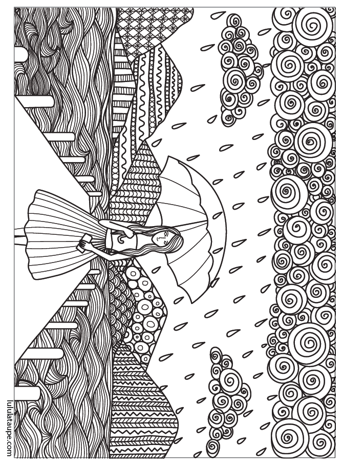 Coloriage abstrait pour adulte, une fille sous la pluie