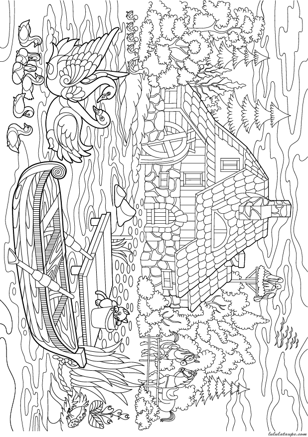 Coloriage d'un paysage rural, moulin à eau, cygnes, chat, chevaux, barque