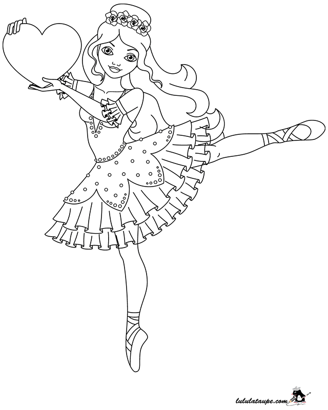 Dessin à colorier, une danseuse avec un cœur