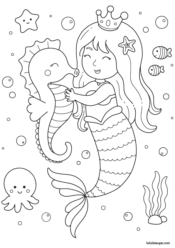 Coloriage gratuit, une sirène et un hippocampe