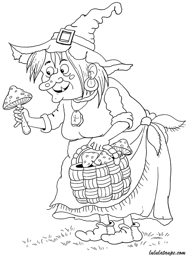 Dessin gratuit à colorier : la sorcière cueille des champignons