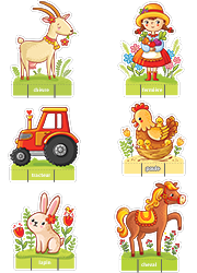 Découpage la ferme, chèvre, fermière, tracteur, poule et poussin, lapin, cheval