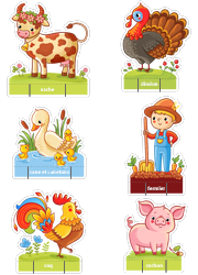 Découpage la ferme, vache, dindon, canard, caneton, fermier, coq, cochon