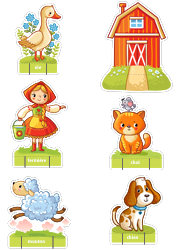 Découpage la ferme, oie, fermière, chat, mouton, chien