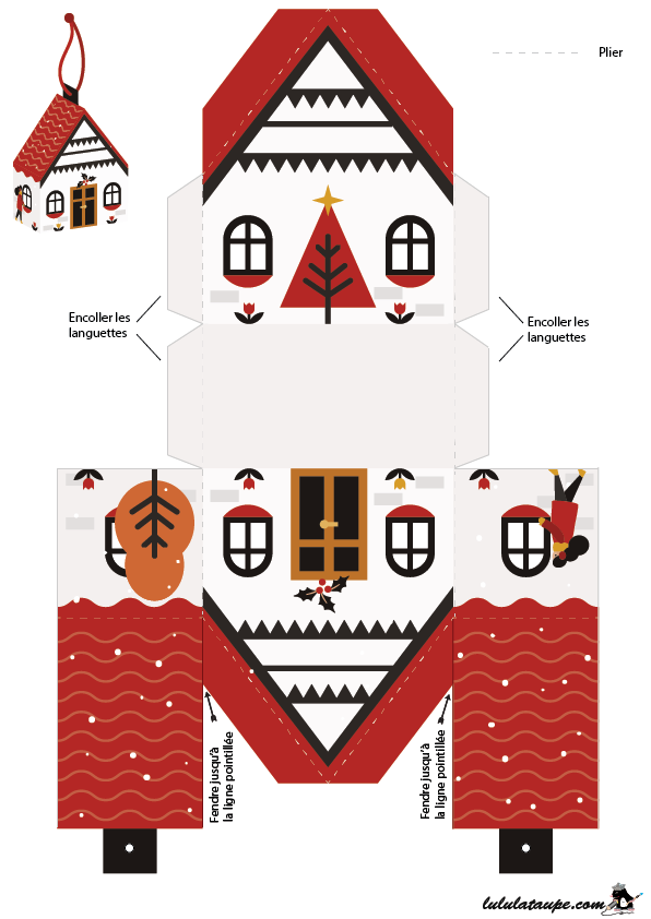 Boîte de Noël en forme de maison à imprimer sur papier cartonné