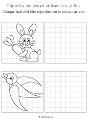 Apprendre à dessiner un lapin et un oiseau sur quadrillage