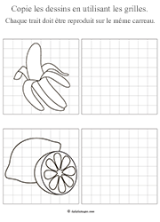 Apprendre à dessiner une banane et un citron sur quadrillage