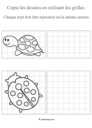 Apprendre à dessiner une tortue et une coccinelle sur quadrillage
