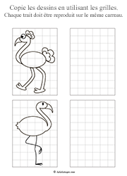 Apprendre à dessiner une autruche et un flamant rose sur quadrillage