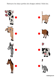 Exercice à imprimer, maternelle. Relier les deux parties de chaque animal