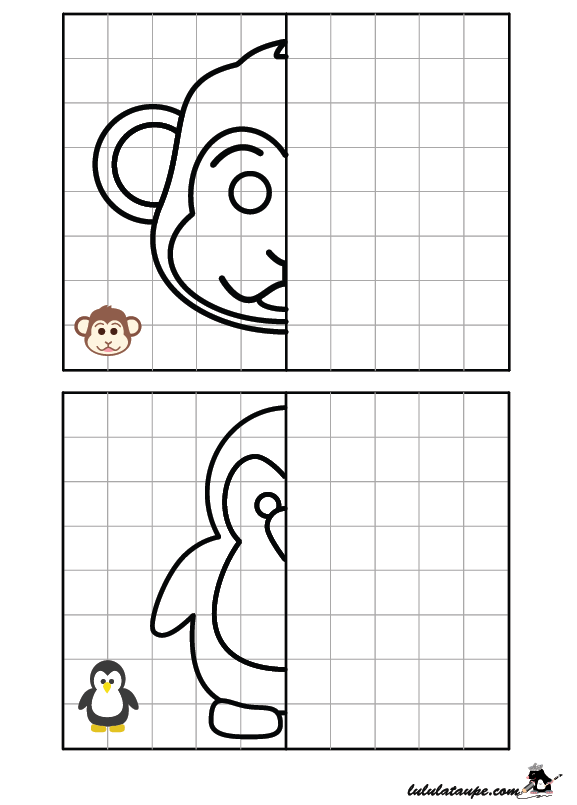 Jeu à imprimer, reproduire un dessin sur quadrillage, une singe, un manchot