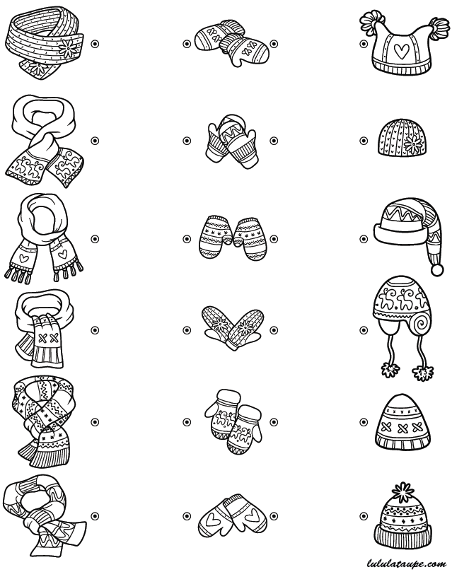 Exercice d'observation à imprimer, relier les vêtements de mêmes motifs