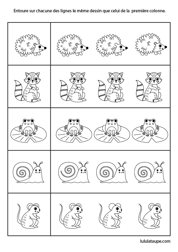 Jeu à imprimer, maternelle, trouver les couples de dessins identiques