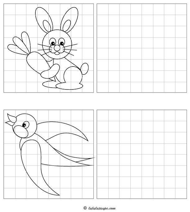 Jeu à imprimer, reproduire un dessin sur quadrillage, un lapin, un oiseau