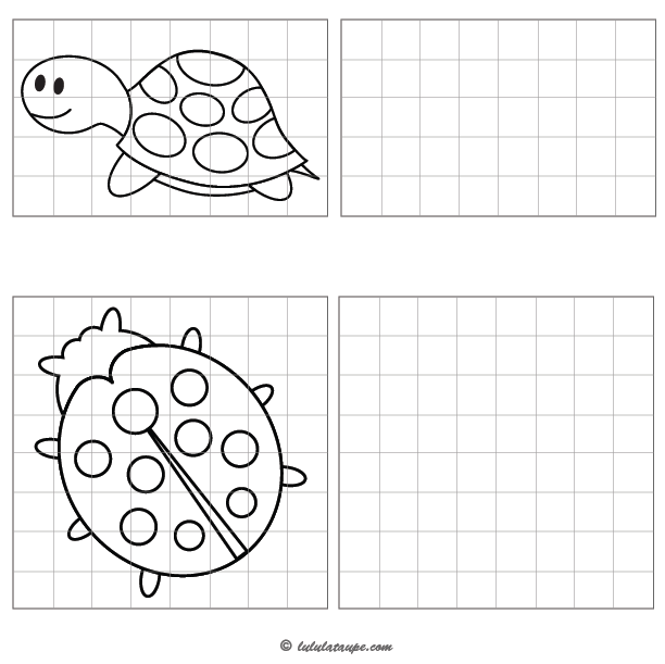 Jeu à imprimer, reproduire un dessin sur quadrillage, une tortue, une coccinelle