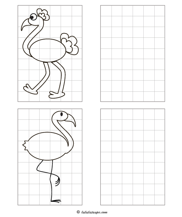 Jeu à imprimer, reproduire un dessin sur quadrillage, une autruche, un flamant rose