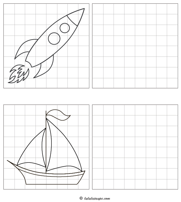 Jeu à imprimer, reproduire un dessin sur quadrillage, une fusée, un voilier