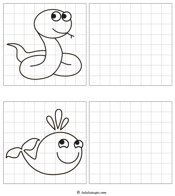 Jeu à imprimer, reproduire un dessin sur quadrillage, un serpent, une baleine