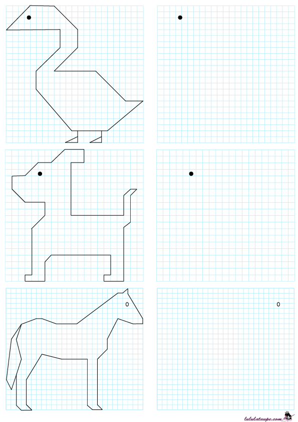 Reproduire une dessin sur un quadrillage, un cheval, un chien, une oie