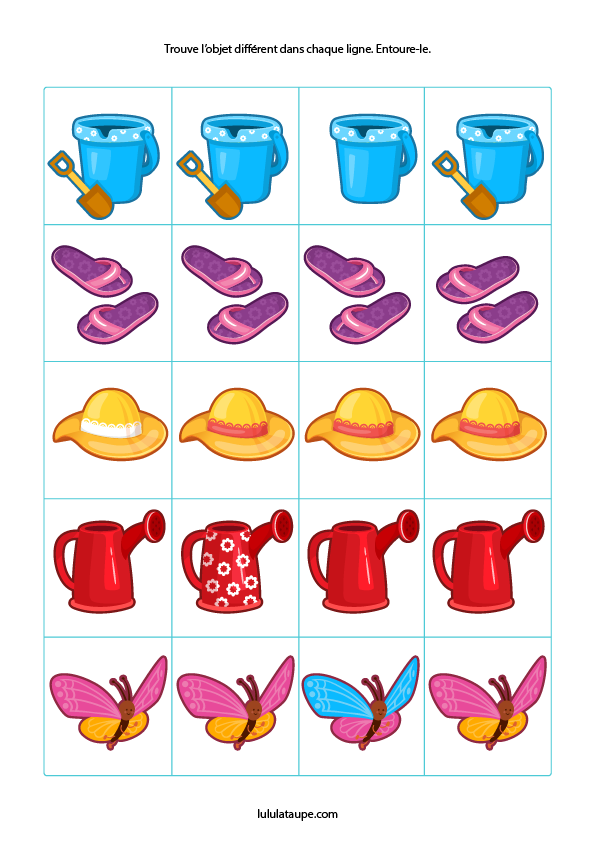 Exercice ludique maternelle petite et moyenne section, trouver l'intrus