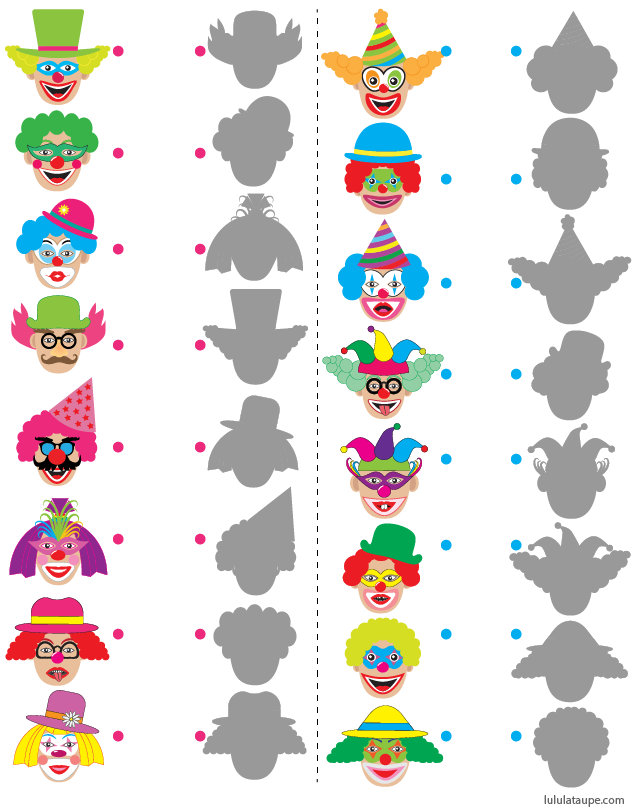 Jeu des ombres gratuit à imprimer, les clowns