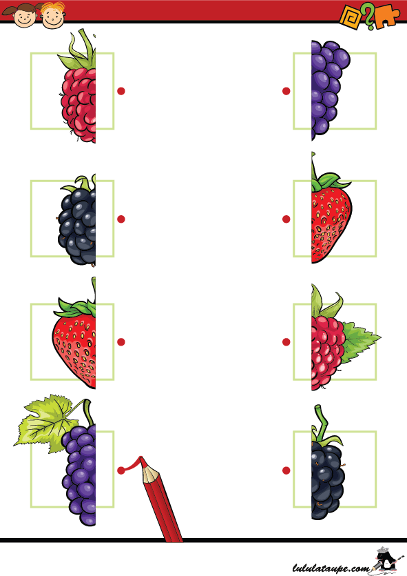 Exercice ludique à imprimer, les moitiés de fruits 