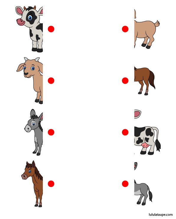 Exercice à imprimer gratuitement ; associer les deux parties des animaux