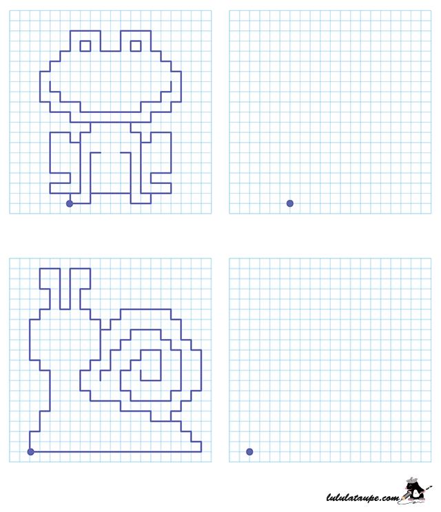 Reproduire une dessin sur un quadrillage, un escargot, une grenouille