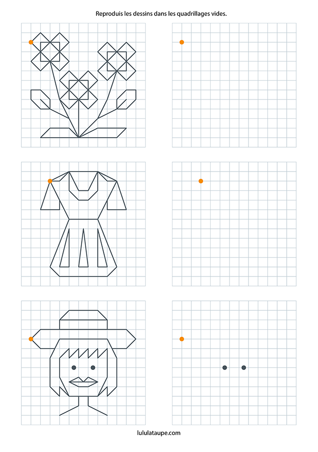Reproduire une dessin sur un quadrillage, un bouquet de fleurs, une robe et un visage de fille