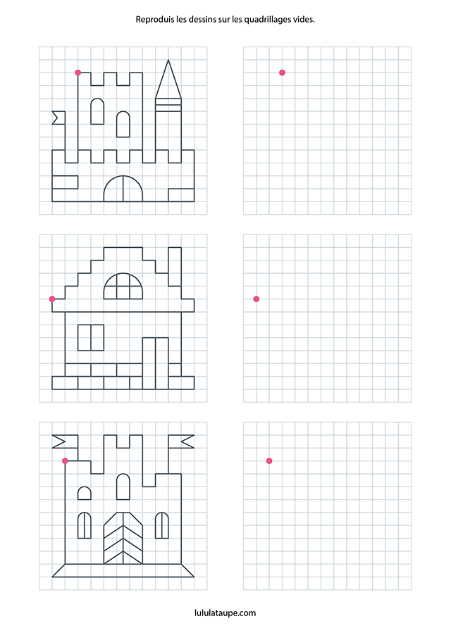 Reproduire une dessin sur un quadrillage, chateaux et maisons