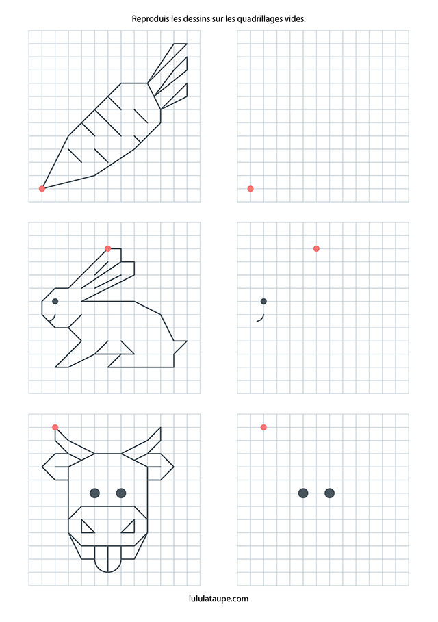 Reproduire une dessin sur un quadrillage, carotte, lapin et vache