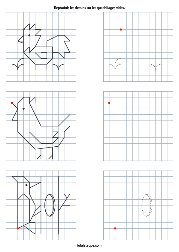 Reproduire un dessin sur un quadrillage en maternelle ou CP, un coq, une poule et un pivert