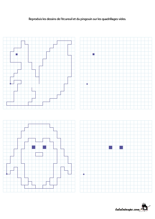 Reproduire des dessins sur un quadrillage, un écureuil, un pingouin