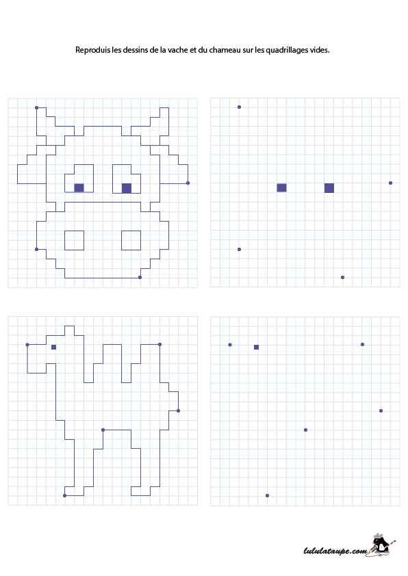 Reproduire une dessin sur un quadrillage, une vache, un chameau