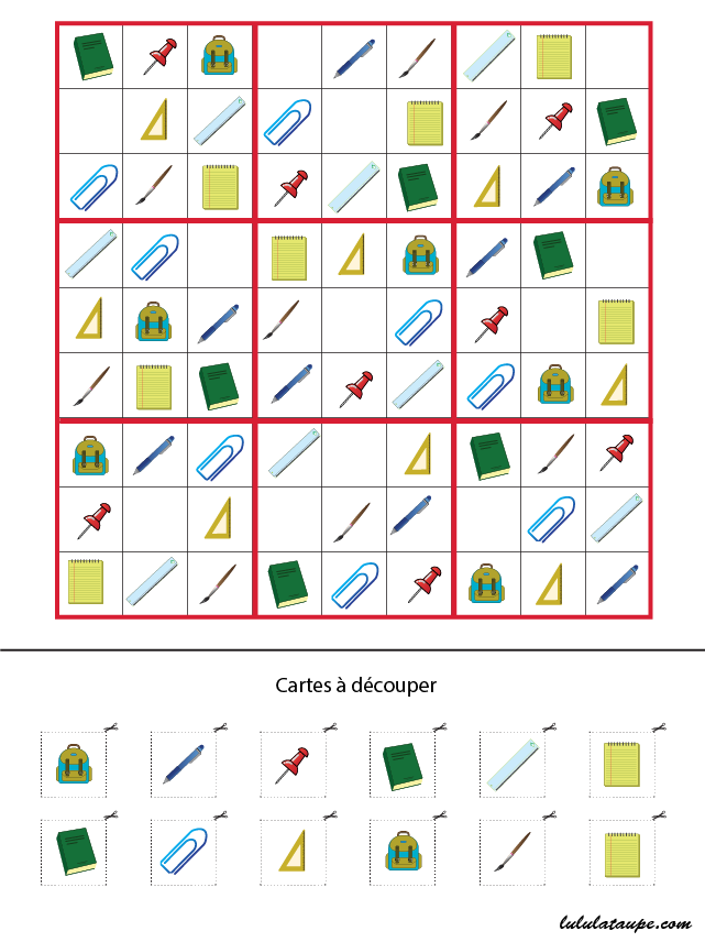 Grille de sudoku à imprimer, les fournitures scolaires