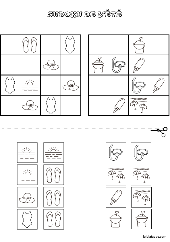 Jeu de sudoku à imprimer gratuitement, maternelle Grande section, CP, l'été